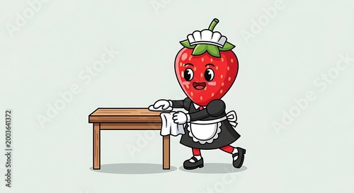A cartoon strawberry personified as a maid, wearing a uniform and cleaning a wooden table with a white cloth. The background is a plain off-white