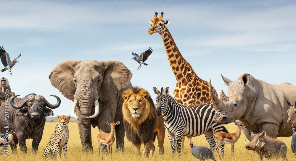 Obraz premium Diverse wild animals gather together in the open African savanna.