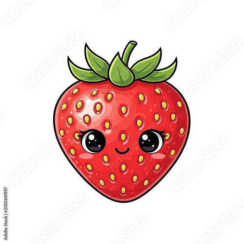 A cartoon strawberry with a smiling face and large eyes, rendered in a colorful, digital style against a white background