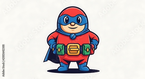 A cartoon superhero with a round body, wearing a red suit with a blue mask and cape, smiles confidently. The design is simple and colorful