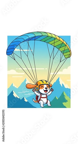 A cartoon dog enjoys paragliding. It's wearing a helmet, smiling, and against a background of mountains and a colorful parachute