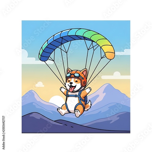 A cartoon dog enjoys the thrill of skydiving with a parachute over a mountain range and sunny skies