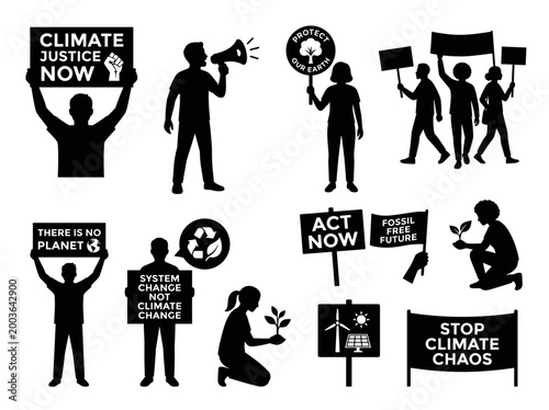Silhouette protestors demonstrating for climate change awareness and environmental protection