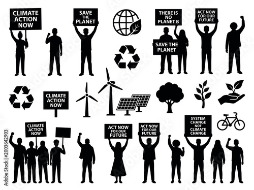 Climate change protest images, people holding banners promoting environmental awareness 