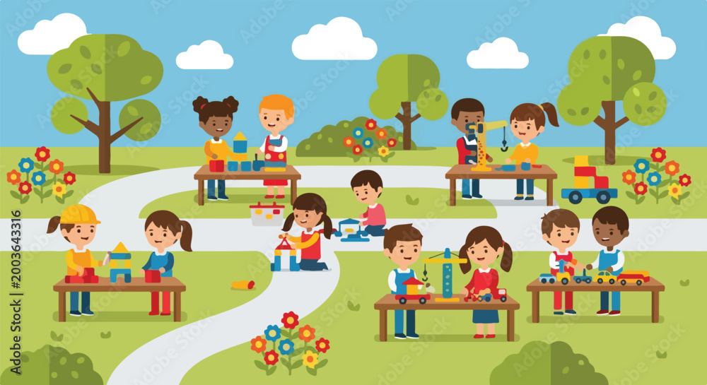 Fototapeta premium Children enjoy playing with diverse toys and building blocks at tables in a vibrant, sunny park filled with trees and flowers.