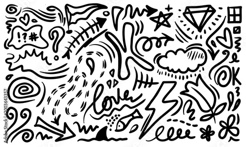 Hand drawn marker simple elements set. Doodle pen signs and effects. Simple thunderbolt, star, glitter, icons, heart, floral objects. Decorative pencil curved symbols and shape.