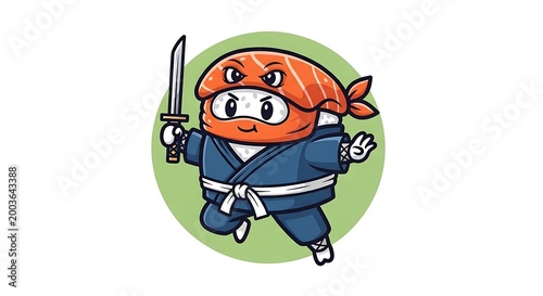 A cartoon sushi ninja character with a salmon-topped rice head, wearing a blue outfit, holding a katana, and posed ready for action