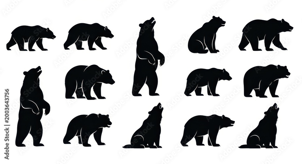 Fototapeta premium Bears are depicted in various poses and silhouettes against a clean white background.