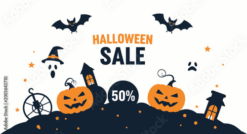 Halloween Sale 50% Off - Pumpkins, Bats, Ghost, Spooky Night Scene