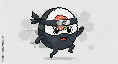 A cartoon sushi roll character, sporting a ninja outfit and headband, runs with a cheerful expression. Cherry blossoms adorn the background