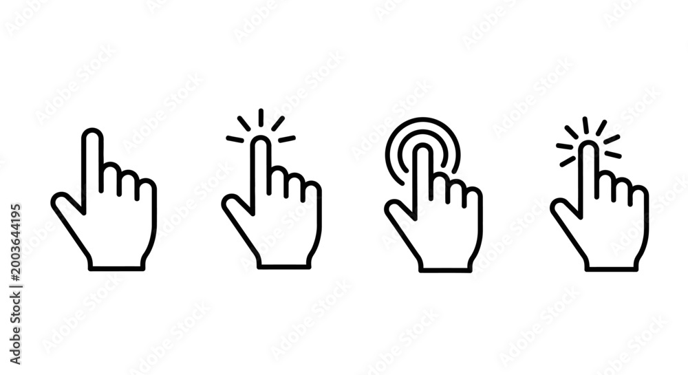 Fototapeta premium Diverse collection of hand click and touch gesture icons for modern user interfaces, symbolizing digital interaction and seamless navigation