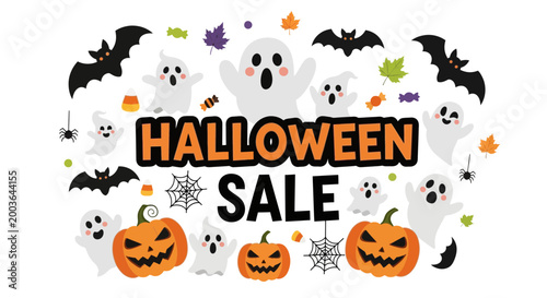 Halloween Sale Banner with Ghosts, Pumpkins, Bats and Spiders on White Background