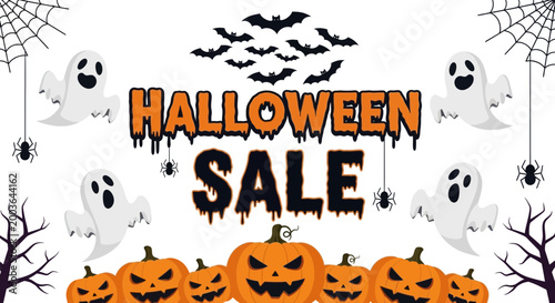 Halloween Sale Banner with Ghosts, Bats, Spiders, Pumpkins, and Spiderwebs