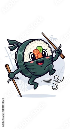 A cartoon sushi roll ninja, running with chopsticks, set against a stylized Asian background with bamboo and waves. The roll has eyes