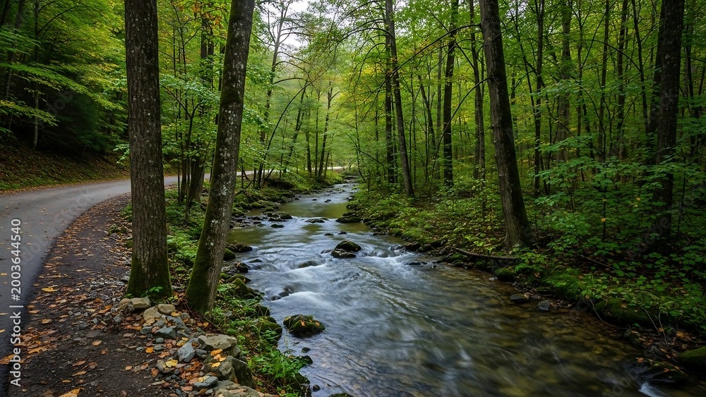 Fototapeta premium serene forest stream with winding road.