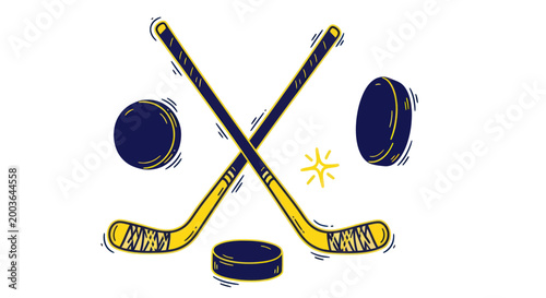 Photography Hockey sticks crossed with three pucks.