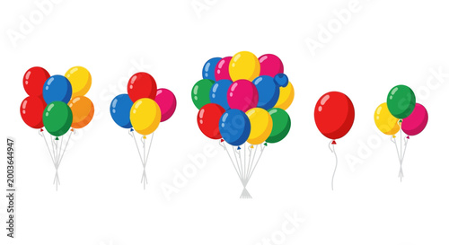 Collection of Colorful Helium Balloons Tied with White Strings on White Background, Party Decorations
