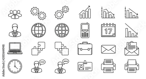Set of versatile linear icons representing business, technology, communication, and office essentials for various professional applications and digital projects