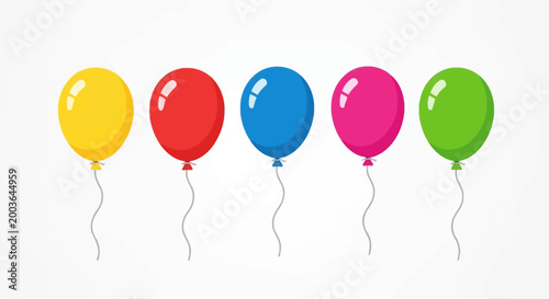 A row of five colorful balloons with strings against a white background, perfect for celebrations and parties