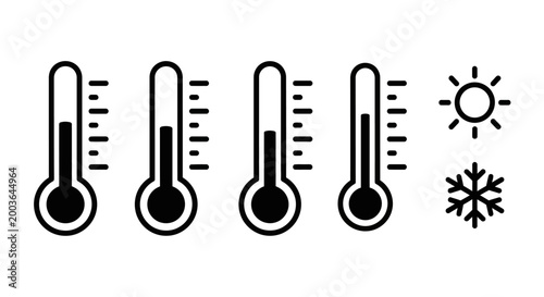 Temperature measurement vector icons collection with sun and snowflake symbols, illustrating varying degrees of hot and cold weather conditions and climate changes