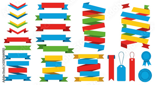 Vibrant collection of assorted blank banners, ribbons, and tags in a flat design style, perfect for various graphic design projects and decorative elements