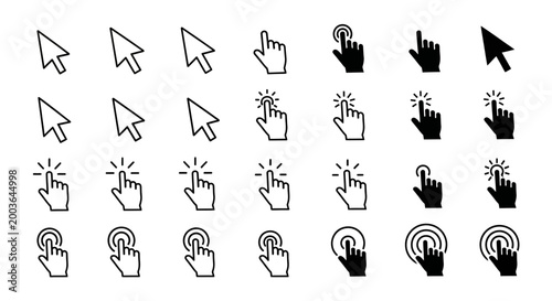 Collection of diverse computer cursor icons representing pointer, click, and selection actions for digital interfaces and web design
