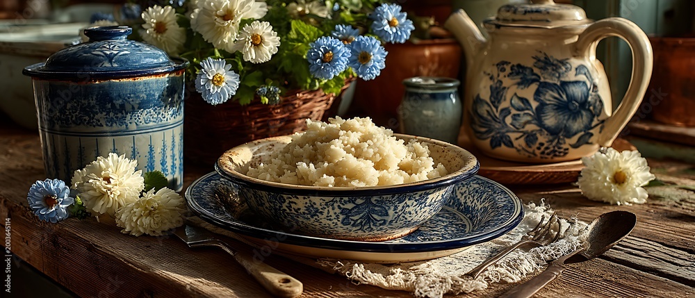 Fototapeta premium Blue ceramic bowl of rice in charming rustic floral setting image