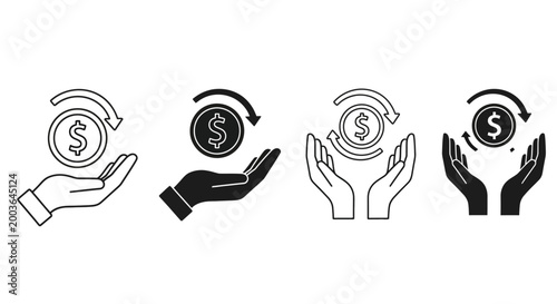 Icons representing monetary exchange and financial transactions, showcasing coins with circular arrows indicating transfer and hands receiving currency