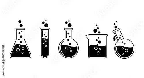 Set of diverse chemistry laboratory beakers and flasks with active bubbling solutions, symbolizing scientific experiments and research