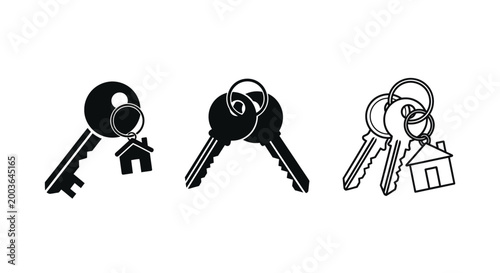 A set of three distinct graphic icons illustrating house keys paired with charming miniature home-shaped keychains, symbolizing property ownership, security, and access to a dwelling