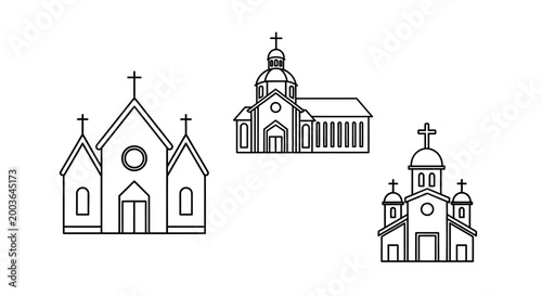 Collection of Three Distinct Line Art Church Building Illustrations, Showcasing Architectural Variations