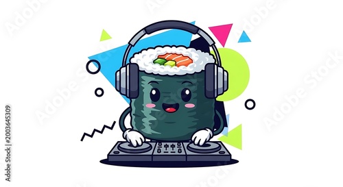 A cartoon sushi roll with a happy face wears headphones and DJs on a mixer, with colorful geometric shapes behind