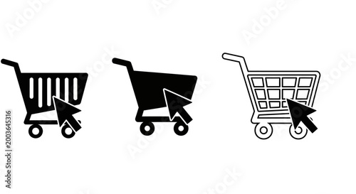 Set of shopping cart icons with a cursor indicating online purchasing and e-commerce