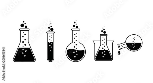 Vector illustration of various laboratory flasks and test tubes with bubbling liquid, symbolizing ongoing scientific experiments, chemical processes, and research in a clear, minimalist style