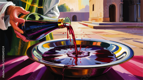 Biblical ritual wine offering poured from ceramic jug into silver basin in ancient courtyard, dramatic spiritual illustration