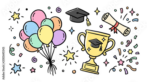 Celebration of Academic Achievement with Balloons Tassels and a Golden Trophy Abstract Composition
