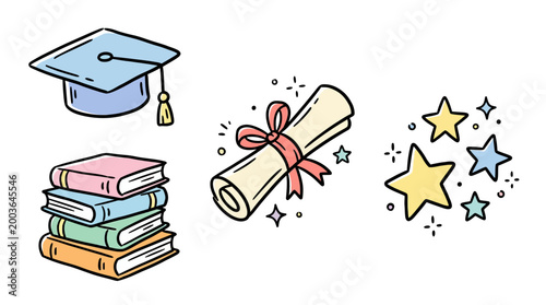 Educational Achievement Celebration with Graduation Cap Books Diploma and Stars Illustrations