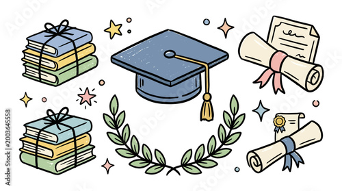 Celebration of Academic Achievement Featuring Diplomas, Graduation Cap, and Library Books