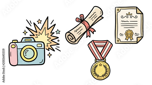 Creative Illustration of Photography Equipment and Achievements with Diplomas and Medals for Celebrating Artistic Recognition