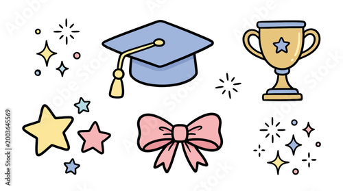 Celebration of Academic Achievement with Graduation Cap, Trophy, and Decorative Stars