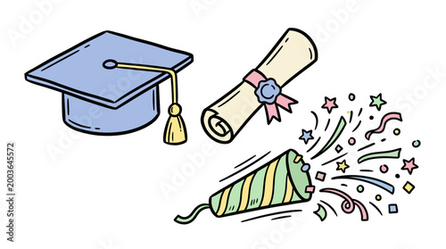 Celebratory Graduation Scene Featuring Cap, Diploma, and Party Confetti with Bright Colors