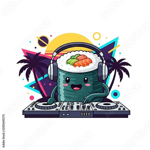 A cartoon sushi roll with a happy face, wearing headphones, and operating a DJ mixer against a retro background