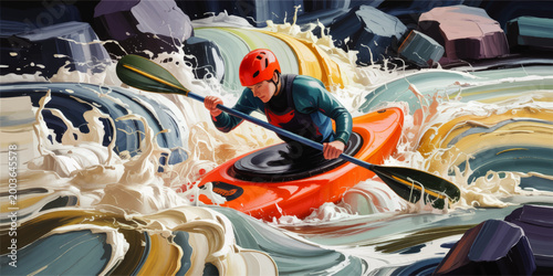 Dynamic Whitewater Kayaking Adventure Illustration with Red Helmet and Orange Kayak Racing Through Wild River Rapids