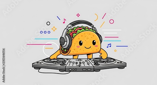 A cartoon taco character with arms and legs, smiling, wearing headphones, and DJing on a turntable. Colorful lines and musical notes