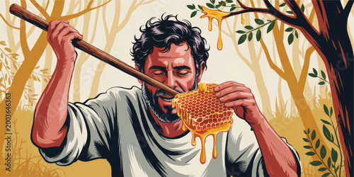Rustic forest beekeeper tasting fresh honeycomb beneath a tree branch with dripping honey in warm vintage illustration