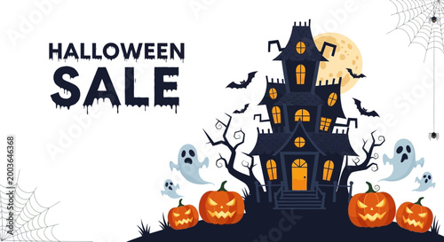 Tableau sur toile Halloween Sale Haunted House with Pumpkins, Ghosts, Bats, and Full Moon