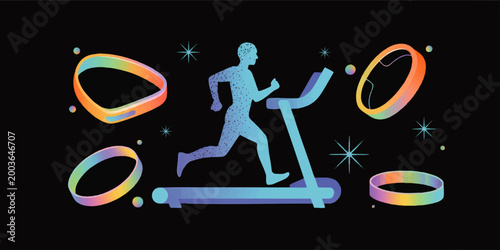Colorful futuristic runner on treadmill with neon gradient rings and stars, fitness workout illustration on black background