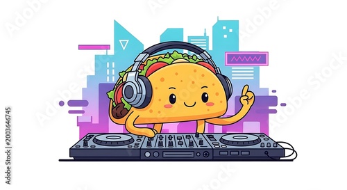 A cartoon taco DJ, wearing headphones, stands on a mixer with a colorful cityscape backdrop, pointing up