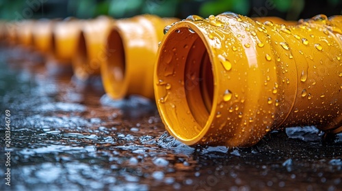 Closeup of yellow plastic drainage pipes
