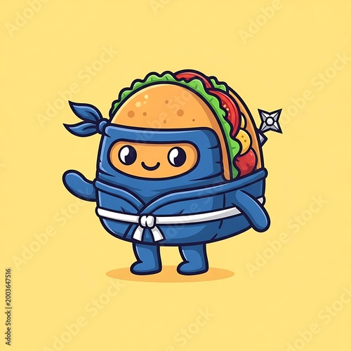 A cartoon taco dressed in a ninja outfit with a cheerful expression. The background is a solid yellow